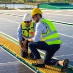 Zwei Fachkräfte im Energiesektor, gekleidet in Sicherheitshelme und Warnwesten, begutachten und besprechen die Installation von Solarmodulen auf einem Dach. Ihr professioneller Austausch und die Nutzung eines Tablets für ihre Arbeit zeigen die technologische Kompetenz und das Fachwissen, das im Bereich der erneuerbaren Energien gefordert ist.