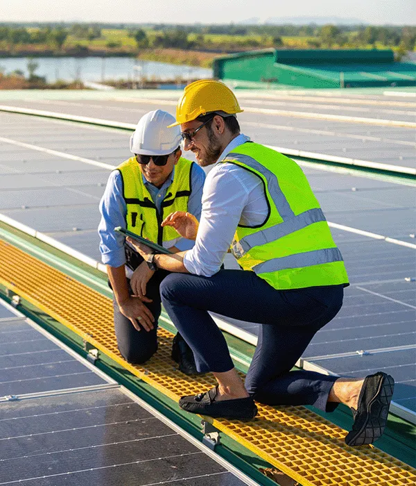 Zwei Fachkräfte im Energiesektor, gekleidet in Sicherheitshelme und Warnwesten, begutachten und besprechen die Installation von Solarmodulen auf einem Dach. Ihr professioneller Austausch und die Nutzung eines Tablets für ihre Arbeit zeigen die technologische Kompetenz und das Fachwissen, das im Bereich der erneuerbaren Energien gefordert ist.