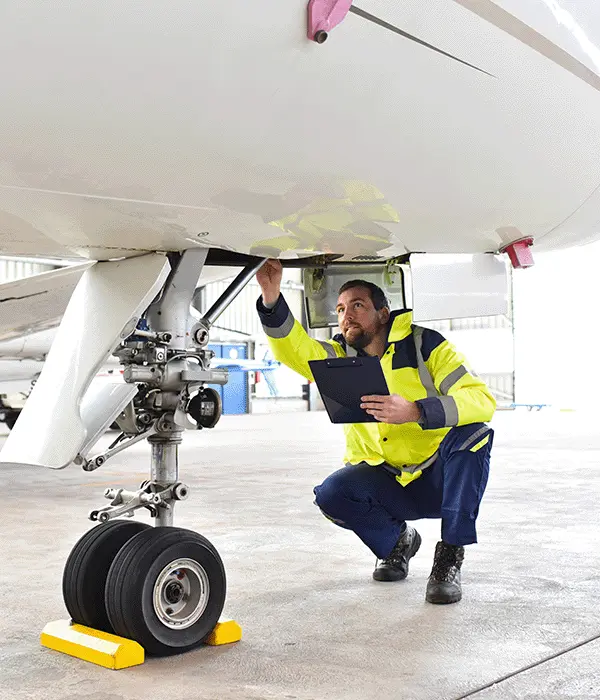 Mechaniker kontrolliert Fahrwerk eines Flugzeuges im Hangar