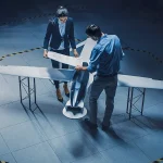 Team von Ingenieuren aus der Luft- und Raumfahrtindustrie arbeitet an einem unbemannten Luftfahrzeugkonzept. Konstrukteure arbeiten an pilotenloser Drohne. Industrieanlage mit Überwachungs- und Militärflugzeug. Erhöhte Aufnahme