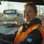Fahrerin in Warnweste sitzt am Steuer eines Fahrzeugs im öffentlichen Nahverkehr und lächelt in die Kamera. Im Hintergrund fährt ein Bus vorbei. Arbeitssituation aus dem Umfeld von Jobs in öffentlichen Verkehrsbetrieben.