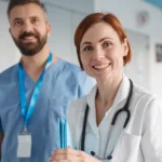 Zwei Mitglieder des medizinischen Personals stehen auf einem Klinikflur. Eine Frau im weißen Kittel mit Stethoskop lächelt in die Kamera, ein Mitarbeiter in blauer Kleidung steht daneben.