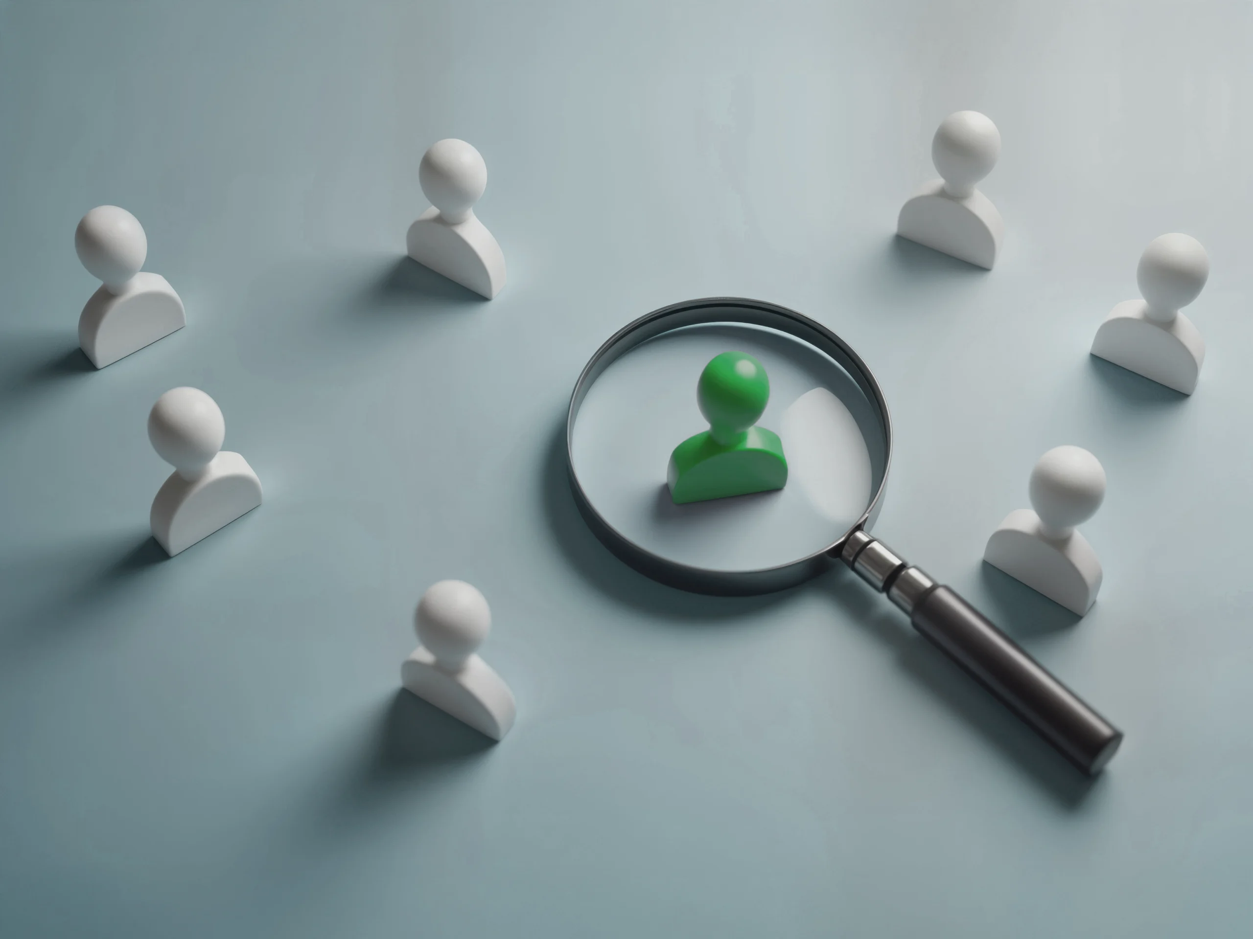 Holzfiguren in einer Gruppe, eine grüne Figur steht unter einer Lupe. Symbolbild für die Auswahl und Unterstützung von Berufseinsteigern beim Start in den Arbeitsmarkt.