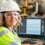 Frau in Warnjacke, Schutzbrille und Helm sitzt in einer industriellen Umgebung an zwei Monitoren und arbeitet an technischen Prozessen – Beispiel für Berufseinstieg im technischen Bereich.