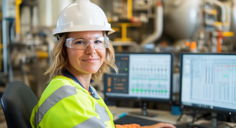 Frau in Warnjacke, Schutzbrille und Helm sitzt in einer industriellen Umgebung an zwei Monitoren und arbeitet an technischen Prozessen – Beispiel für Berufseinstieg im technischen Bereich.