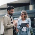 Junge Berufseinsteigerin im Gespräch mit einem Kollegen im Business-Outfit. Beide stehen vor einem modernen Bürogebäude und tauschen sich freundlich über berufliche Aufgaben und Einstiegsmöglichkeiten aus.