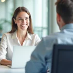 Junge Berufseinsteigerin im freundlichen Gespräch mit einem Kollegen im modernen Büro. Beide sitzen sich gegenüber und tauschen sich über Aufgaben und Einstiegsmöglichkeiten aus.