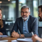 Vier Personen in einem modernen Besprechungsraum im Gespräch. Eine Beraterin und ein Berater hören aufmerksam zu, vor ihnen liegen Unterlagen. Das Bild vermittelt persönliche Beratung und professionelle Zusammenarbeit im Kontext von Personalberatung für technische Fach- und Führungskräfte.