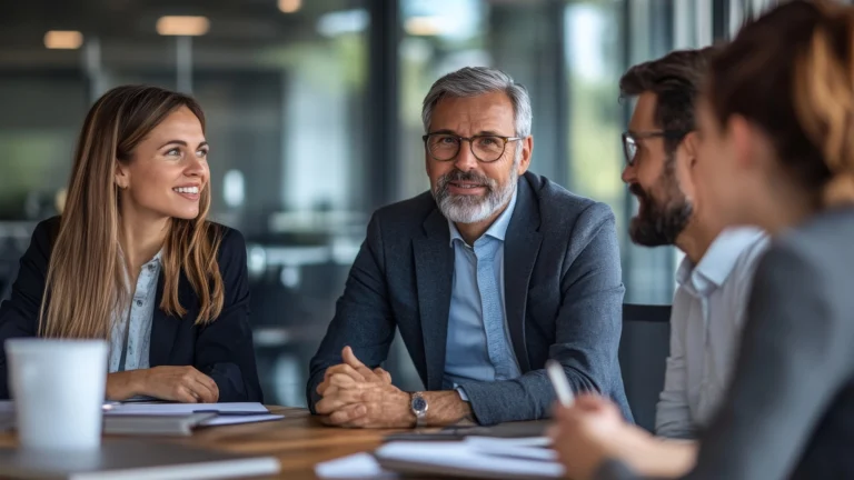 Vier Personen in einem modernen Besprechungsraum im Gespräch. Eine Beraterin und ein Berater hören aufmerksam zu, vor ihnen liegen Unterlagen. Das Bild vermittelt persönliche Beratung und professionelle Zusammenarbeit im Kontext von Personalberatung für technische Fach- und Führungskräfte.