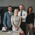 Gruppenfoto eines professionellen Führungsteams in einem modernen Büro: fünf Frauen und Männer in Business-Kleidung stehen selbstbewusst an einem Tisch und lächeln in die Kamera. Das Bild vermittelt Kompetenz, Vielfalt und Führungsstärke – passend zum Thema Executive Search und professionelle Führungskräftevermittlung.