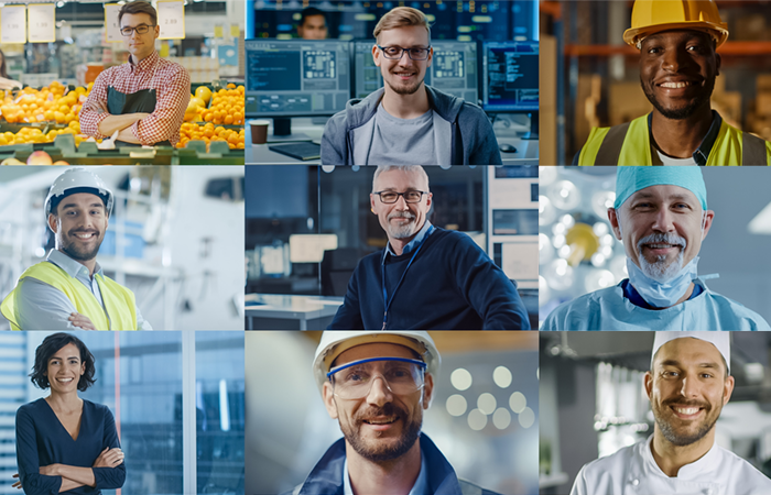 Collage aus berufserfahrenen Fachkräften aus unterschiedlichen Branchen – unter anderem Technik, IT, Medizin, Produktion und Logistik. Symbolbild für Vielfalt und Karriereberatung für Berufserfahrene.