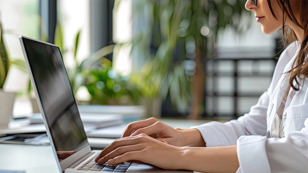 Hände einer Person, die konzentriert an einem Laptop in einem hellen Büro mit Pflanzen arbeitet; ruhiger Arbeitsplatz, der verdeutlicht, wie wichtig Fokus, passende Arbeitsumgebung und persönliche Freiräume bei der Jobwahl sind.
