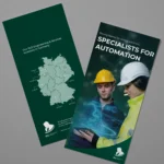 Mock-up eines englischen RLE Engineering & Services Flyers mit Standortkarte Deutschlands und Branchenmotiv. Professionelles Werbematerial zur Präsentation von RLE Engineering & Services Lösungen im Bereich Automatisierung
