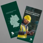 Mock-up eines englischen RLE Engineering & Services Flyers mit Standortkarte Deutschlands und Branchenmotiv. Professionelles Werbematerial zur Präsentation von RLE Engineering & Services Lösungen im Bereich Chemieindustrie
