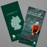Mock-up eines englischen RLE Engineering & Services Flyers mit Standortkarte Deutschlands und Branchenmotiv. Professionelles Werbematerial zur Präsentation von RLE Engineering & Services Lösungen im Energiesektor