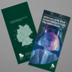 Mock-up eines englischen RLE Engineering & Services Flyers mit Standortkarte Deutschlands und Branchenmotiv. Professionelles Werbematerial zur Präsentation von RLE Engineering & Services Lösungen im Bereich Halbleiter