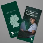 Mock-up eines englischen RLE Engineering & Services Flyers mit Standortkarte Deutschlands und Branchenmotiv. Professionelles Werbematerial zur Präsentation von RLE Engineering & Services Lösungen im Bereich IT