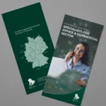 Mock-up eines englischen RLE Engineering & Services Flyers mit Standortkarte Deutschlands und Branchenmotiv. Professionelles Werbematerial zur Präsentation von RLE Engineering & Services Lösungen im Bereich Office und kaufmännischer Bereich