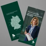 Mock-up eines englischen RLE Engineering & Services Flyers mit Standortkarte Deutschlands und Branchenmotiv. Professionelles Werbematerial zur Präsentation von RLE Engineering & Services Lösungen im Bereich Pharmazie/Pharmaindustrie