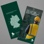 Mock-up eines englischen RLE Engineering & Services Flyers mit Standortkarte Deutschlands und Branchenmotiv. Professionelles Werbematerial zur Präsentation von RLE Engineering & Services Lösungen im Bereich Stromversorger, Wasserwerke