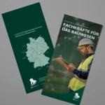Mock-up eines RLE Engineering & Services Flyers mit Standortkarte Deutschlands und Branchenmotiv. Professionelles Werbematerial zur Präsentation von RLE Engineering & Services Lösungen im Bereich Bauwesen