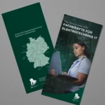 Mock-up eines RLE Engineering & Services Flyers mit Standortkarte Deutschlands und Branchenmotiv. Professionelles Werbematerial zur Präsentation von RLE Engineering & Services Lösungen im Bereich IT