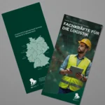 Mock-up eines RLE Engineering & Services Flyers mit Standortkarte Deutschlands und Branchenmotiv. Professionelles Werbematerial zur Präsentation von RLE Engineering & Services Lösungen im Bereich Logistik