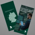 Mock-up eines RLE Engineering & Services Flyers mit Standortkarte Deutschlands und Branchenmotiv. Professionelles Werbematerial zur Präsentation von RLE Engineering & Services Lösungen im Bereich Luftfahrt