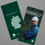 Mock-up eines RLE Engineering & Services Flyers mit Standortkarte Deutschlands und Branchenmotiv. Professionelles Werbematerial zur Präsentation von RLE Engineering & Services Lösungen im Bereich Schiffbau