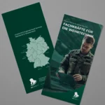 Mock-up eines RLE Engineering & Services Flyers mit Standortkarte Deutschlands und Branchenmotiv. Professionelles Werbematerial zur Präsentation von RLE Engineering & Services Lösungen im Bereich Wehrtechnik.