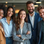 Eine Gruppe von fünf berufstätigen Personen steht gemeinsam in einem modernen Büro und lächelt in die Kamera. Alle tragen elegante Business-Outfits mit individueller Note