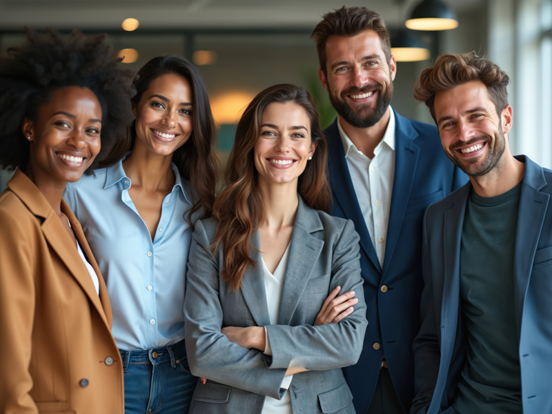 Eine Gruppe von fünf berufstätigen Personen steht gemeinsam in einem modernen Büro und lächelt in die Kamera. Alle tragen elegante Business-Outfits mit individueller Note