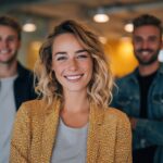 Drei junge Menschen in moderner Büroumgebung, im Vordergrund eine Frau mit kurzem blondem Haar und goldenem Blazer, die selbstbewusst lächelt, ein zeitgemäßer Business-Casual-Look im Büroalltag.