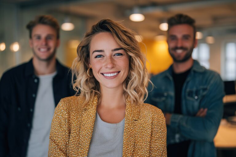 Drei junge Menschen in moderner Büroumgebung, im Vordergrund eine Frau mit kurzem blondem Haar und goldenem Blazer, die selbstbewusst lächelt, ein zeitgemäßer Business-Casual-Look im Büroalltag.