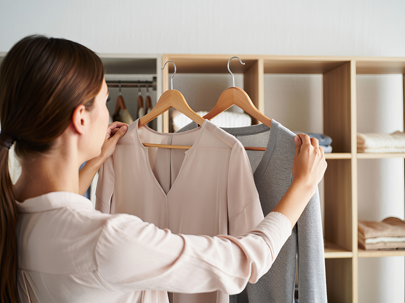 Eine Frau steht vor einem offenen Kleiderschrank und hält zwei Outfits, eine helle Bluse und einen grauen Pullover, nebeneinander, um das passende Kleidungsstück für ein Vorstellungsgespräch auszuwählen.