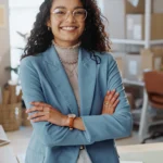 Junge Frau mit lockigem Haar und Brille steht lächelnd in einem Büro. Sie trägt einen hellblauen Blazer und eine helle Bluse – ein moderner, gepflegter Look, der Professionalität ausstrahlt.