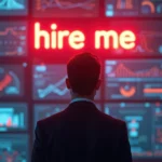 Person im Anzug steht vor Monitoren mit Diagrammen und Datenanzeigen, auf denen in großen roten Buchstaben „hire me“ leuchtet, im Umfeld digitaler Jobportale und Online-Jobsuche.