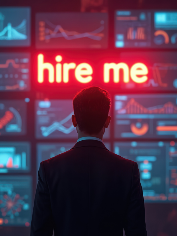 Person im Anzug steht vor Monitoren mit Diagrammen und Datenanzeigen, auf denen in großen roten Buchstaben „hire me“ leuchtet, im Umfeld digitaler Jobportale und Online-Jobsuche.
