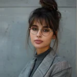 Junge Frau mit Brille, lockerem Dutt und kariertem Blazer steht vor einer grauen Wand – ein moderner Business-Look, der den Stiltrend Office Siren in einer dezenten, alltagstauglichen Variante zeigt.