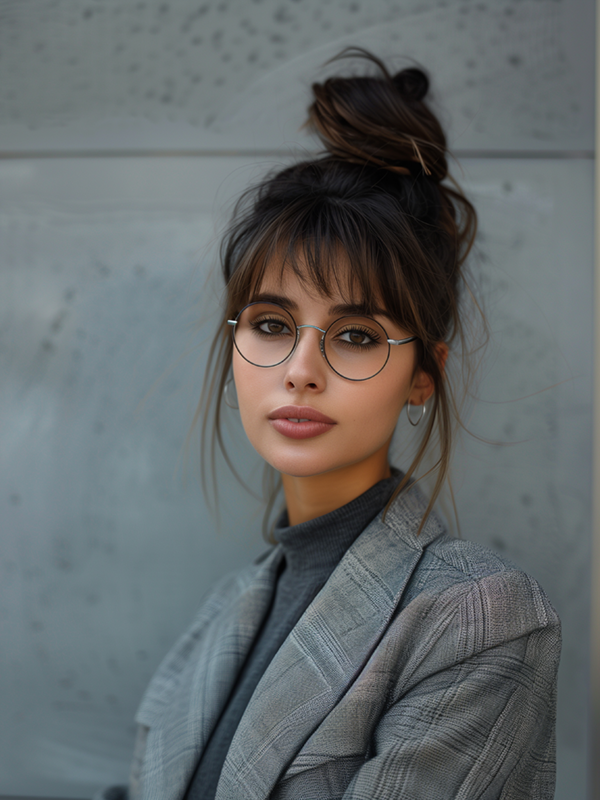 Junge Frau mit Brille, lockerem Dutt und kariertem Blazer steht vor einer grauen Wand – ein moderner Business-Look, der den Stiltrend Office Siren in einer dezenten, alltagstauglichen Variante zeigt.