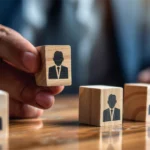 Nahaufnahme einer Hand, die einen Holzwürfel mit dem Symbol einer Person im Business-Outfit aufgreift. Auf dem Tisch liegen weitere Würfel mit ähnlichen Symbolen. Die Szene erinnert an Auswahlprozesse im Recruiting oder an die gezielte Suche nach Kandidat:innen in Job- und Karriereportalen wie LinkedIn oder XING.