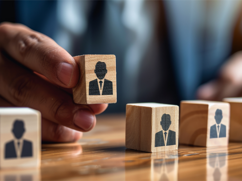 Nahaufnahme einer Hand, die einen Holzwürfel mit dem Symbol einer Person im Business-Outfit aufgreift. Auf dem Tisch liegen weitere Würfel mit ähnlichen Symbolen. Die Szene erinnert an Auswahlprozesse im Recruiting oder an die gezielte Suche nach Kandidat:innen in Job- und Karriereportalen wie LinkedIn oder XING.