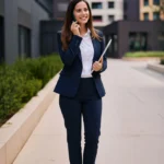 Frau in einem klassischen Business-Outfit für ein Vorstellungsgespräch, bestehend aus einem dunkelblauen Hosenanzug mit passendem Blazer und Hose, einer weißen Bluse und schwarzen Pumps. Sie steht vor modernen Bürogebäuden, lächelt und telefoniert, während sie ein Tablet in der Hand hält. Das Outfit wirkt professionell, strukturiert und seriös – ideal für Bewerbungsgespräche in formellen Branchen oder Führungspositionen.