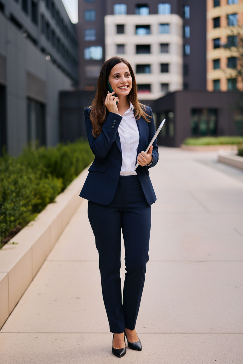 Frau in einem klassischen Business-Outfit für ein Vorstellungsgespräch, bestehend aus einem dunkelblauen Hosenanzug mit passendem Blazer und Hose, einer weißen Bluse und schwarzen Pumps. Sie steht vor modernen Bürogebäuden, lächelt und telefoniert, während sie ein Tablet in der Hand hält. Das Outfit wirkt professionell, strukturiert und seriös – ideal für Bewerbungsgespräche in formellen Branchen oder Führungspositionen.