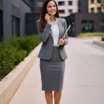 Frau in einem formellen Business-Outfit für ein Vorstellungsgespräch, bestehend aus einem grauen Kostüm mit tailliertem Blazer und passendem Bleistiftrock, kombiniert mit einer weißen Bluse und grauen Pumps. Sie steht vor modernen Bürogebäuden, lächelt und telefoniert, während sie ein Tablet in der Hand hält. Das Outfit vermittelt einen eleganten, professionellen Eindruck – ideal für Bewerbungsgespräche in klassischen oder konservativen Branchen.
