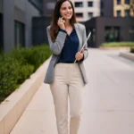 Frau in einem gehobenen Business-Casual Outfit für ein Vorstellungsgespräch, bestehend aus einem grauen Blazer, einer dunkelblauen Bluse, hellbeigen Stoffhosen und schwarzen Loafern. Sie steht vor modernen Bürogebäuden, lächelt und telefoniert, während sie ein Tablet in der Hand hält. Das Outfit wirkt souverän und gepflegt, aber nicht zu formell – ideal für Bewerbungsgespräche in modernen Unternehmensumgebungen.