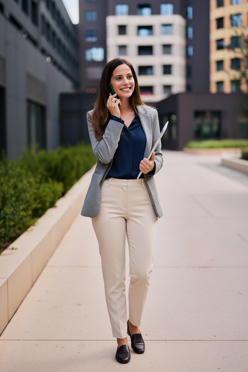 Frau in einem gehobenen Business-Casual Outfit für ein Vorstellungsgespräch, bestehend aus einem grauen Blazer, einer dunkelblauen Bluse, hellbeigen Stoffhosen und schwarzen Loafern. Sie steht vor modernen Bürogebäuden, lächelt und telefoniert, während sie ein Tablet in der Hand hält. Das Outfit wirkt souverän und gepflegt, aber nicht zu formell – ideal für Bewerbungsgespräche in modernen Unternehmensumgebungen.