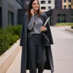 Frau in einem Business-Casual-Outfit für ein Vorstellungsgespräch, bestehend aus einem grauen Wollmantel, grauem Pullover, eleganter Stoffhose und schwarzen Pumps. Sie trägt eine schwarze Handtasche und hält ein Tablet, während sie lächelnd telefoniert. Das Outfit wirkt modern, souverän und stilvoll – ideal für Bewerbungsgespräche in Führungspositionen oder im gehobenen Bürobereich.