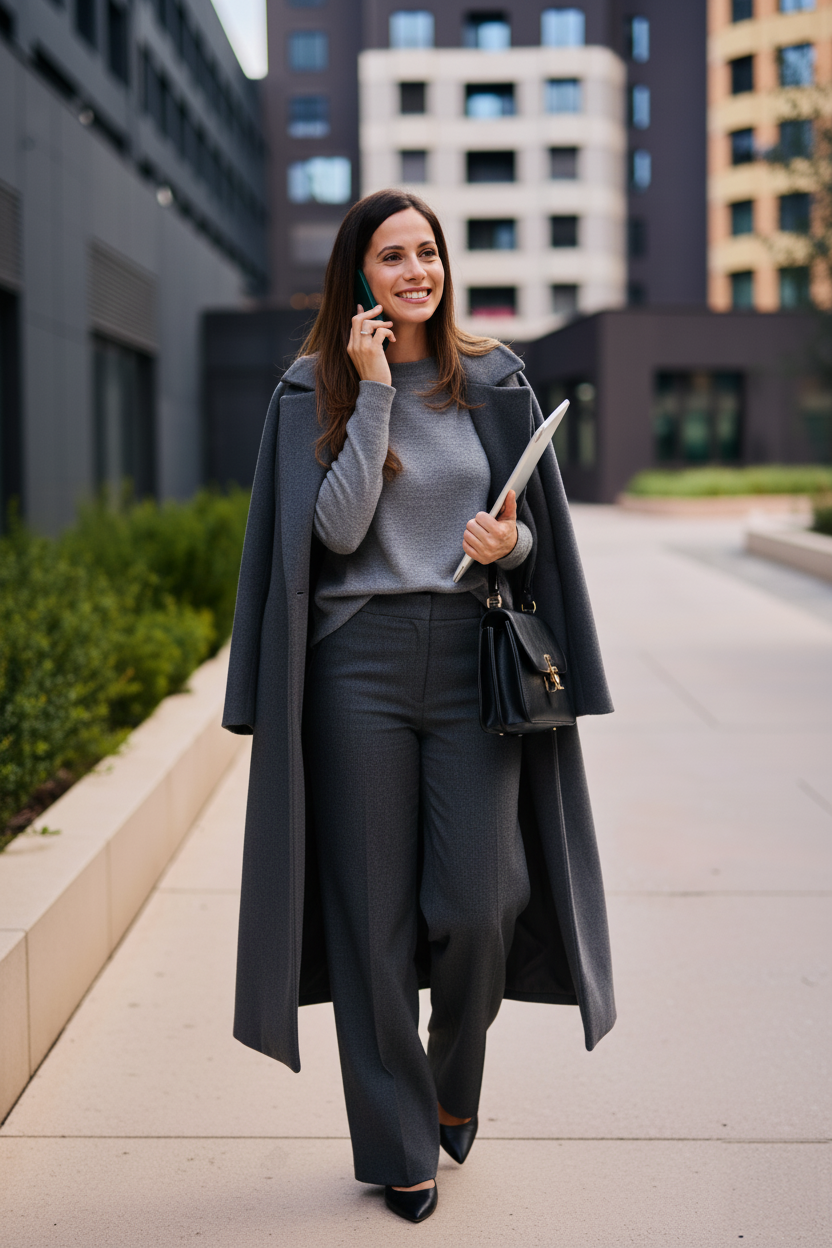 Frau in einem Business-Casual-Outfit für ein Vorstellungsgespräch, bestehend aus einem grauen Wollmantel, grauem Pullover, eleganter Stoffhose und schwarzen Pumps. Sie trägt eine schwarze Handtasche und hält ein Tablet, während sie lächelnd telefoniert. Das Outfit wirkt modern, souverän und stilvoll – ideal für Bewerbungsgespräche in Führungspositionen oder im gehobenen Bürobereich.