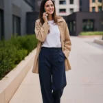 Frau in einem Casual-Outfit für ein Vorstellungsgespräch, bestehend aus einem weißen T-Shirt, einer beigen Jacke und locker geschnittenen dunkelblauen Stoffhosen. Sie trägt schwarze Schuhe und wirkt gepflegt, freundlich und authentisch. Das Outfit eignet sich für Bewerbungsgespräche in modernen oder kreativen Arbeitsumgebungen mit entspannter Kleiderordnung.
